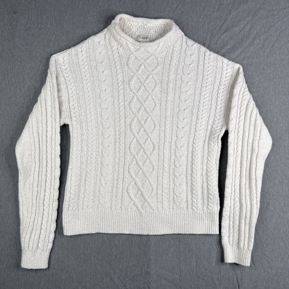 J. Crew Roll Neck Cable Knit Sweater Women Beige Cotton Blend Small Preppy Boho